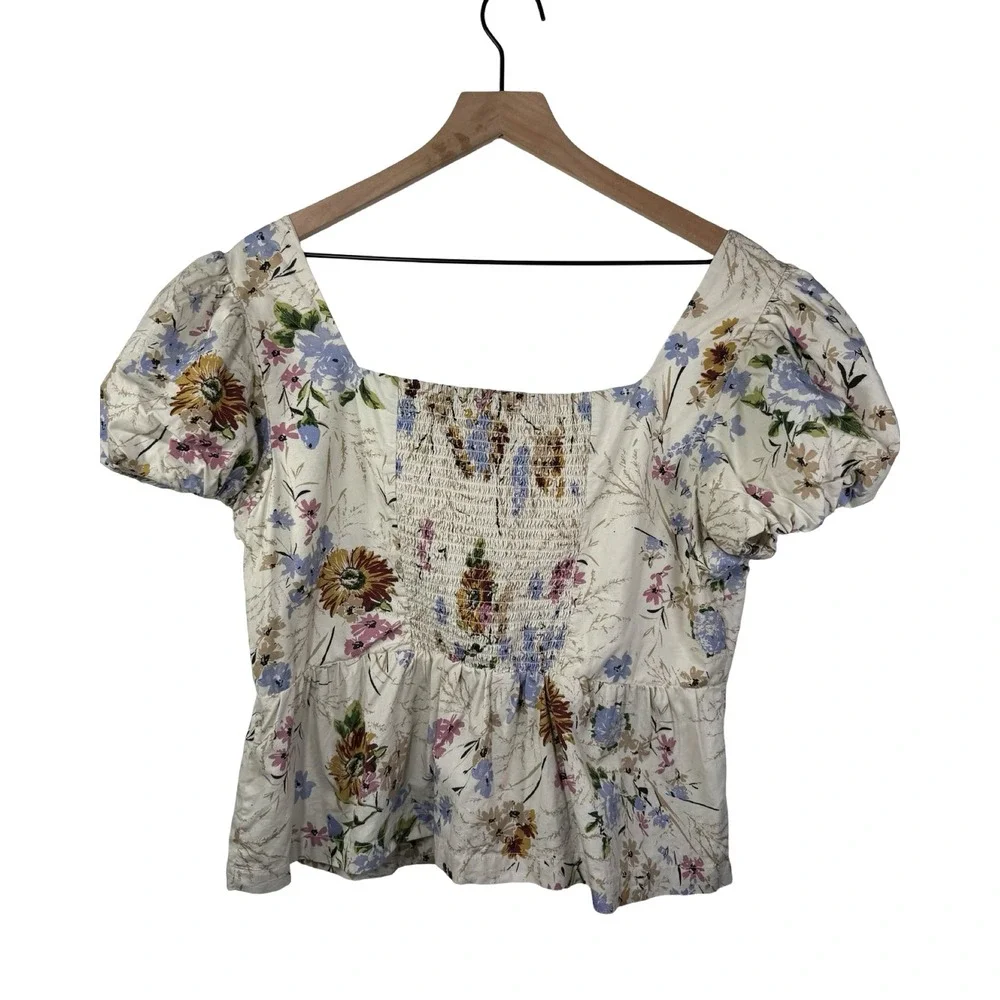 Anthropologie Floral Puff Sleeve Button Front Smocked Back Cotton Top Cream L